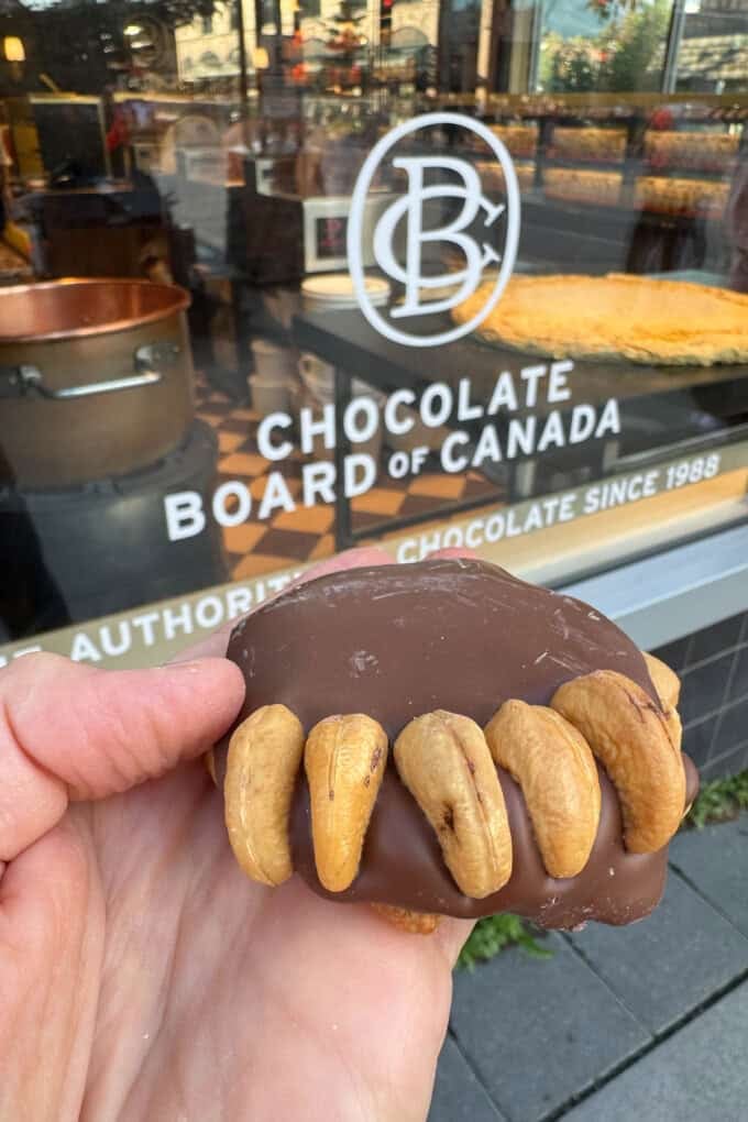 A chocolate bear paw candy with cashews for claws.