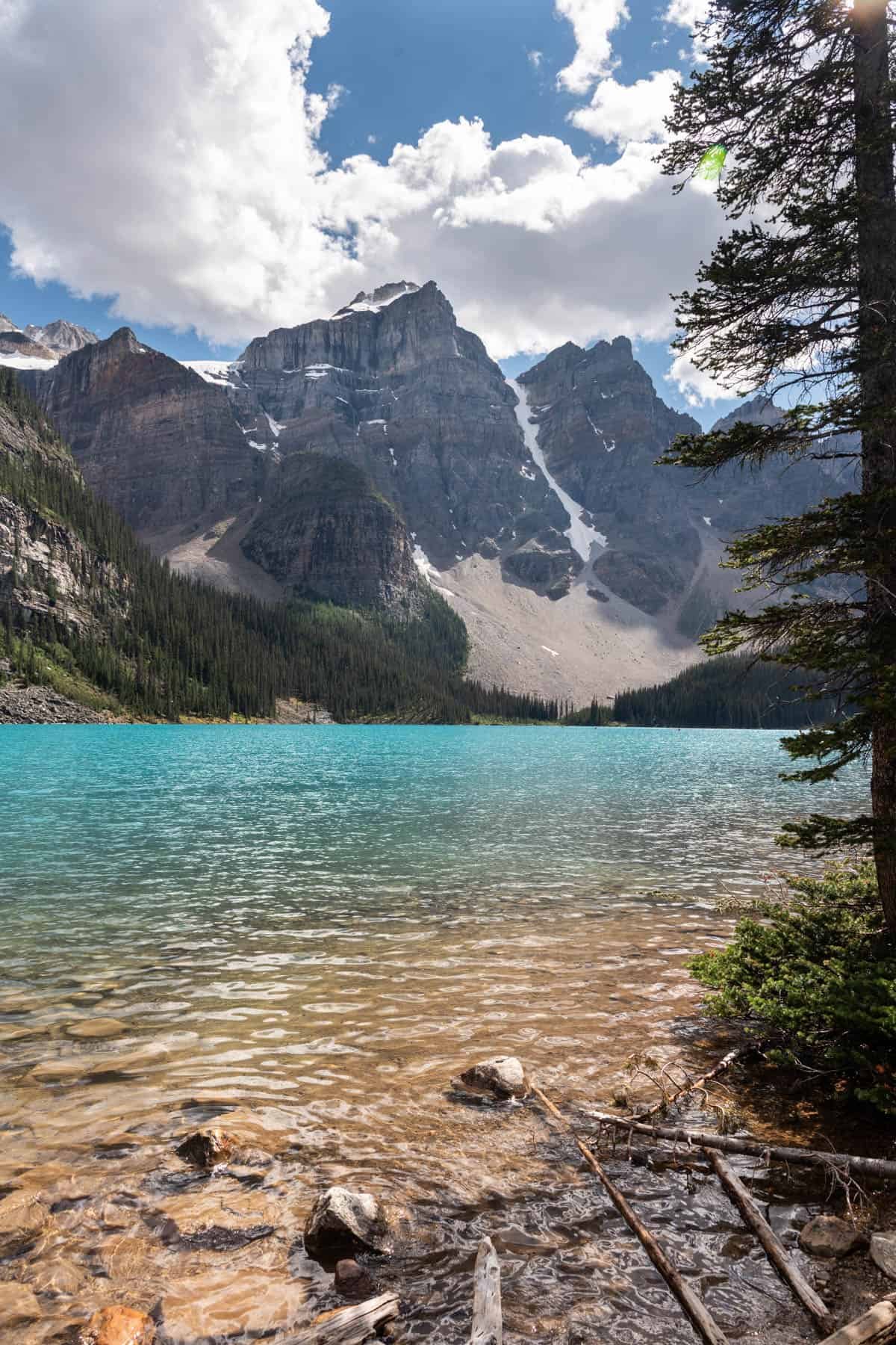 An image of Moraine Lake with mountains in the background and fallen logs in the foreground.