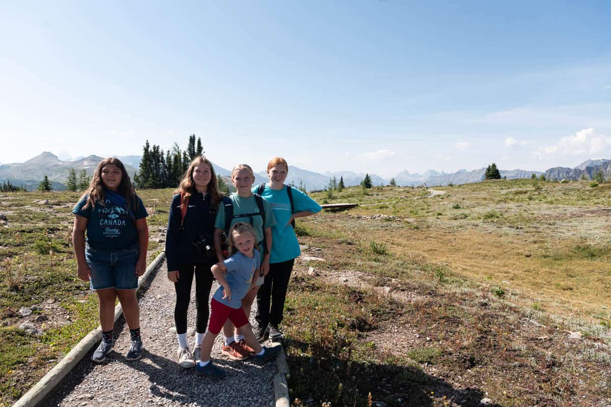 Kids on a trail in an alpine meadow.