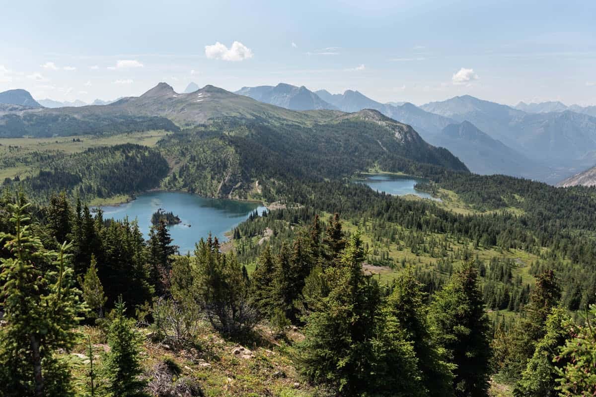 A scenic view of alpine mountain lakes in Canada.