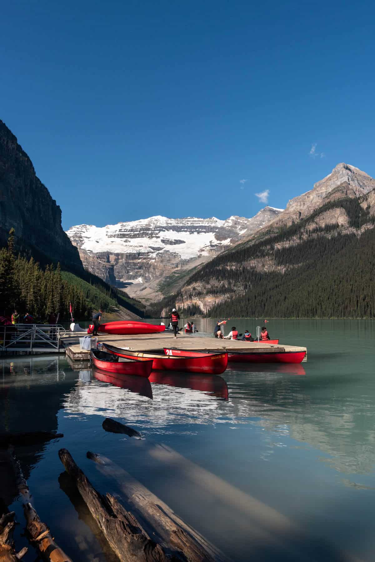 An image of a canoe dock at Lake Louise in Banff National Park.