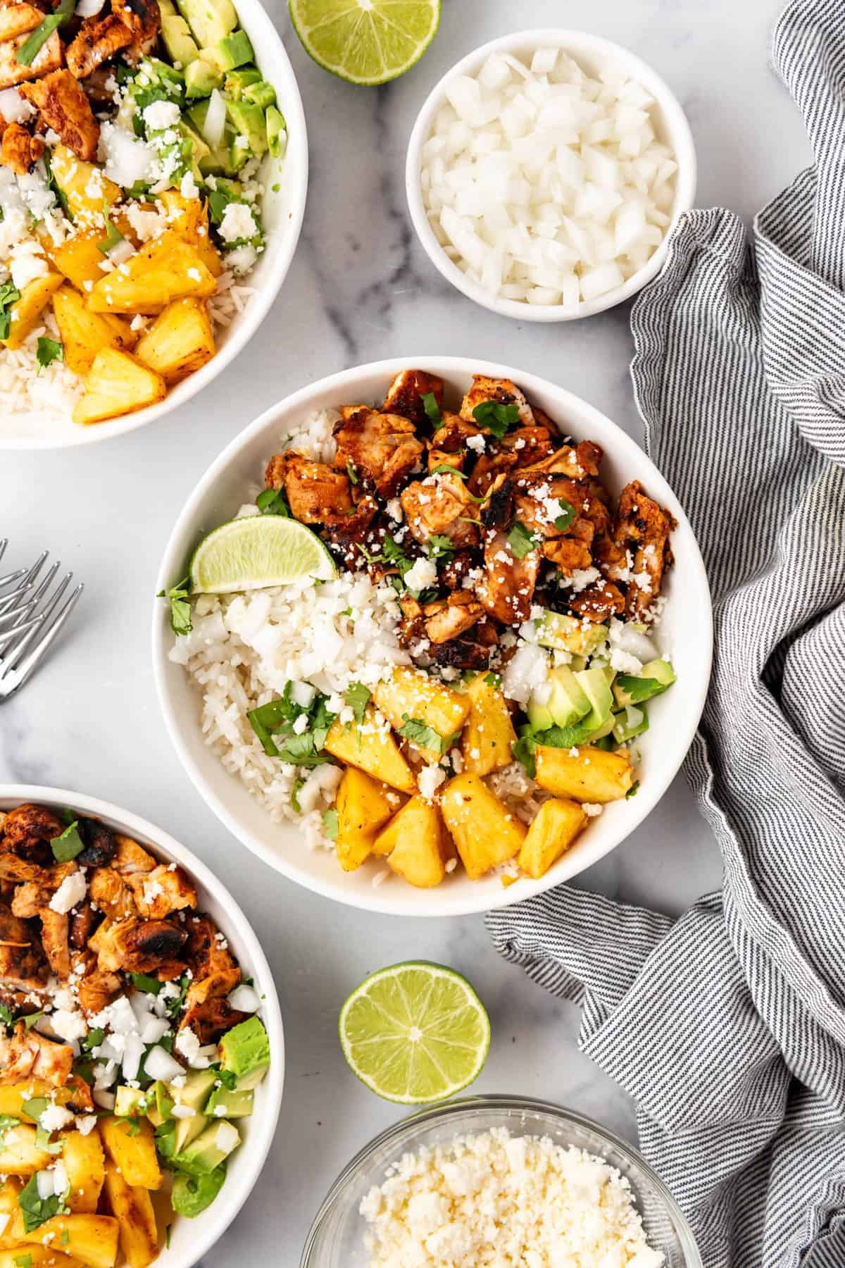 A chicken al pastor bowl with fresh grilled pineapple.