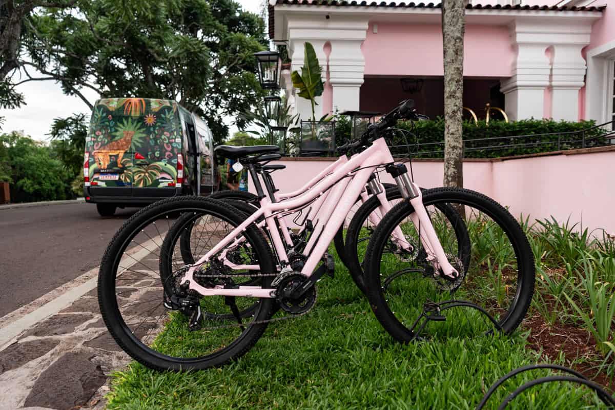 Pink bicycles at the Hotel de Cataras at Iguazu Falls in Brazil.