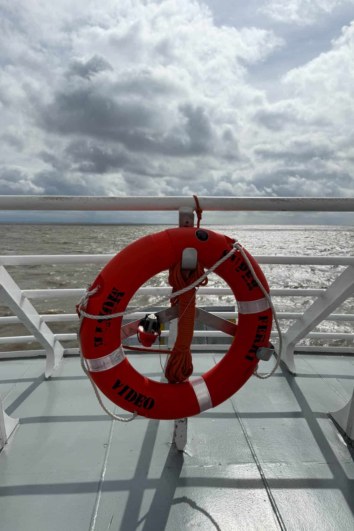 An image of a life preserver on the ferry to Uruguay from Argentina.