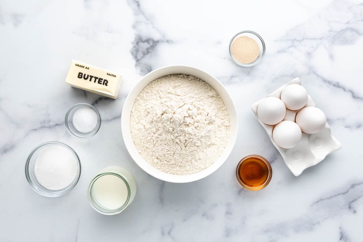 Ingredients for making homemade brioche bread.