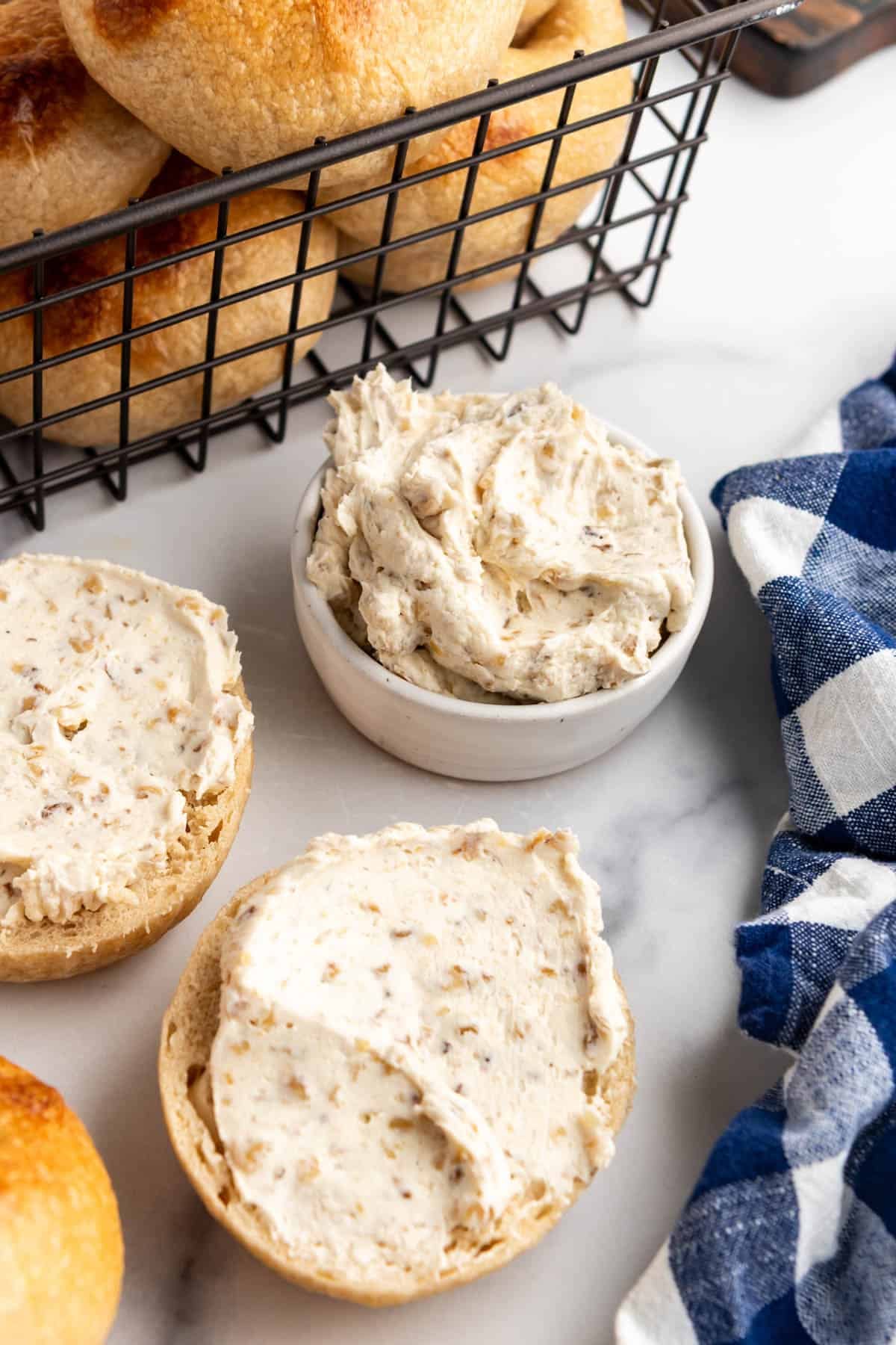 Bagels spread with honey walnut cream cheese.