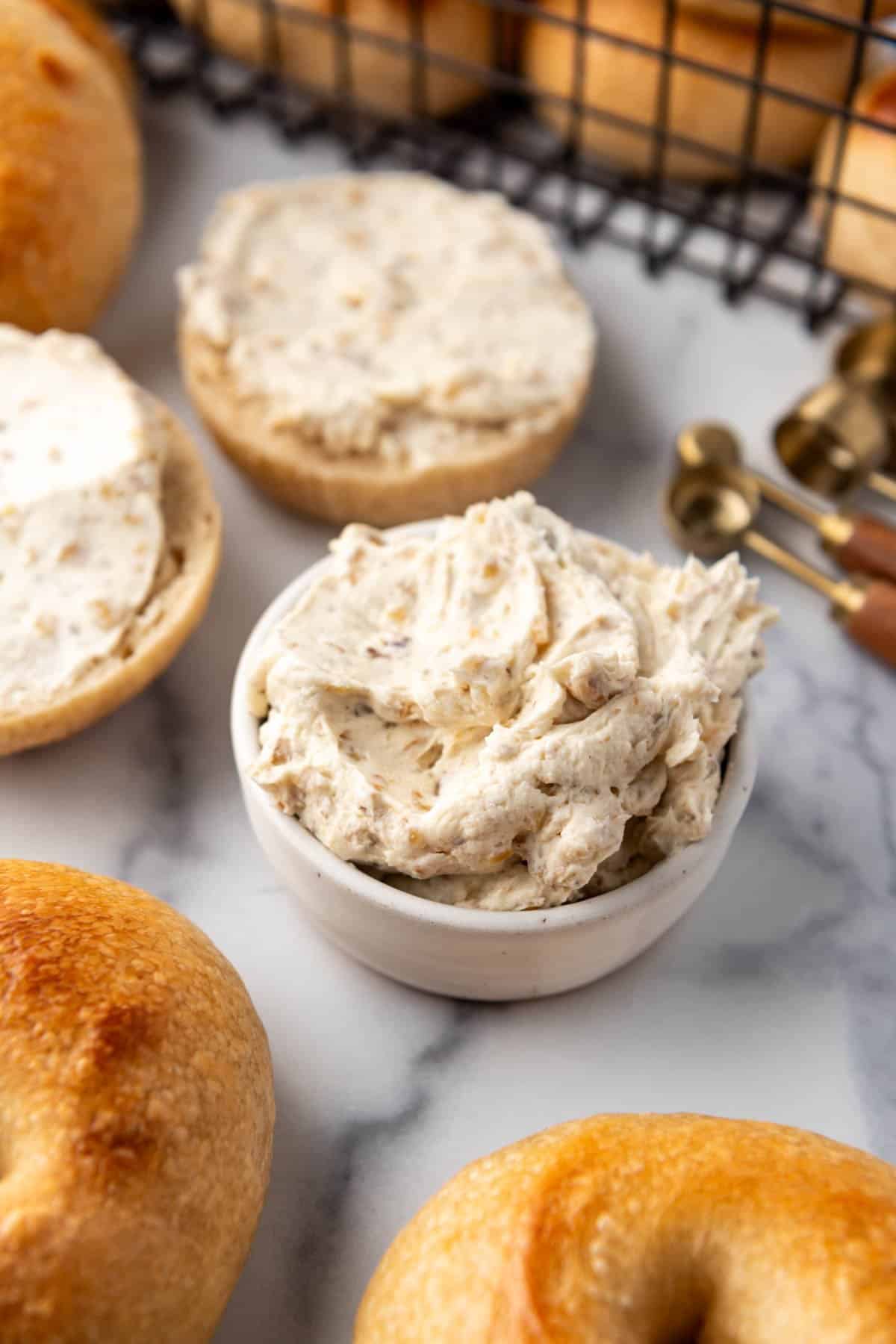 An image of a bowl of honey walnut cream cheese smear.