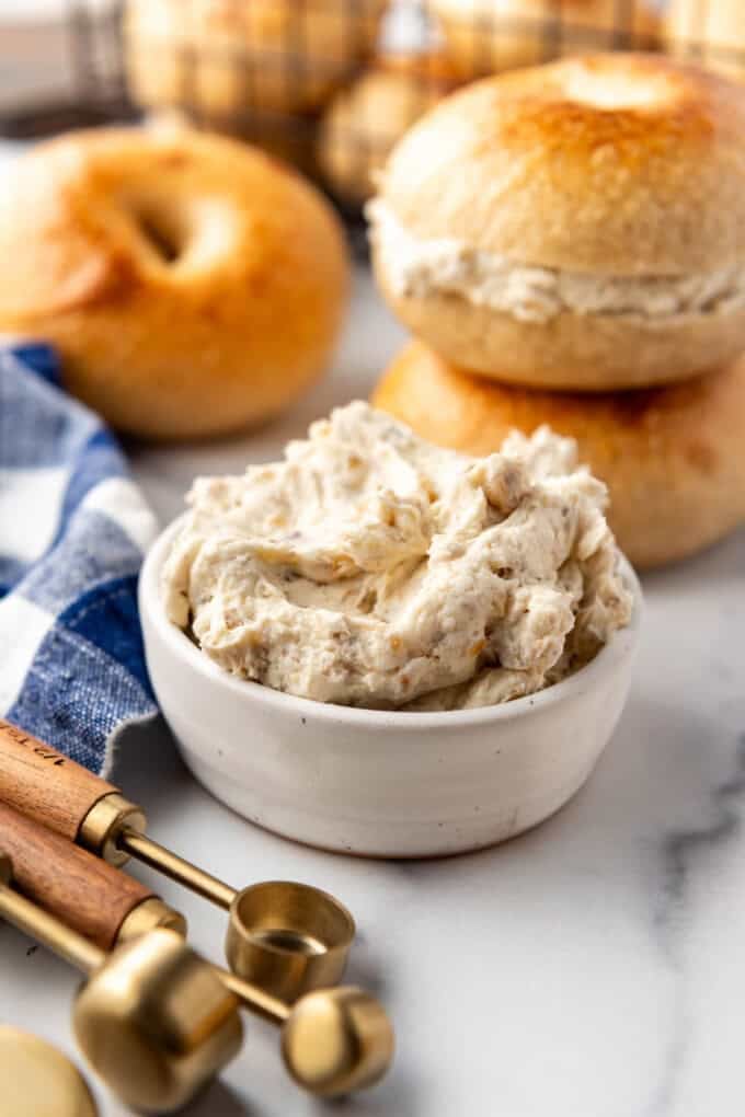 An image of honey walnut cream cheese in a bowl.
