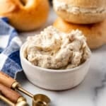 An image of honey walnut cream cheese in a bowl.