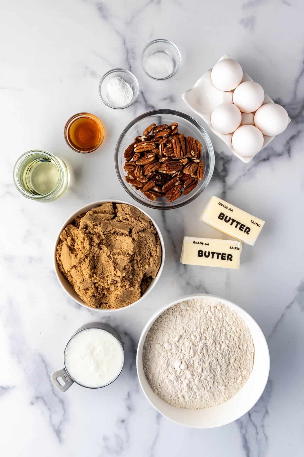 Ingredients for a pecan praline bundt cake.