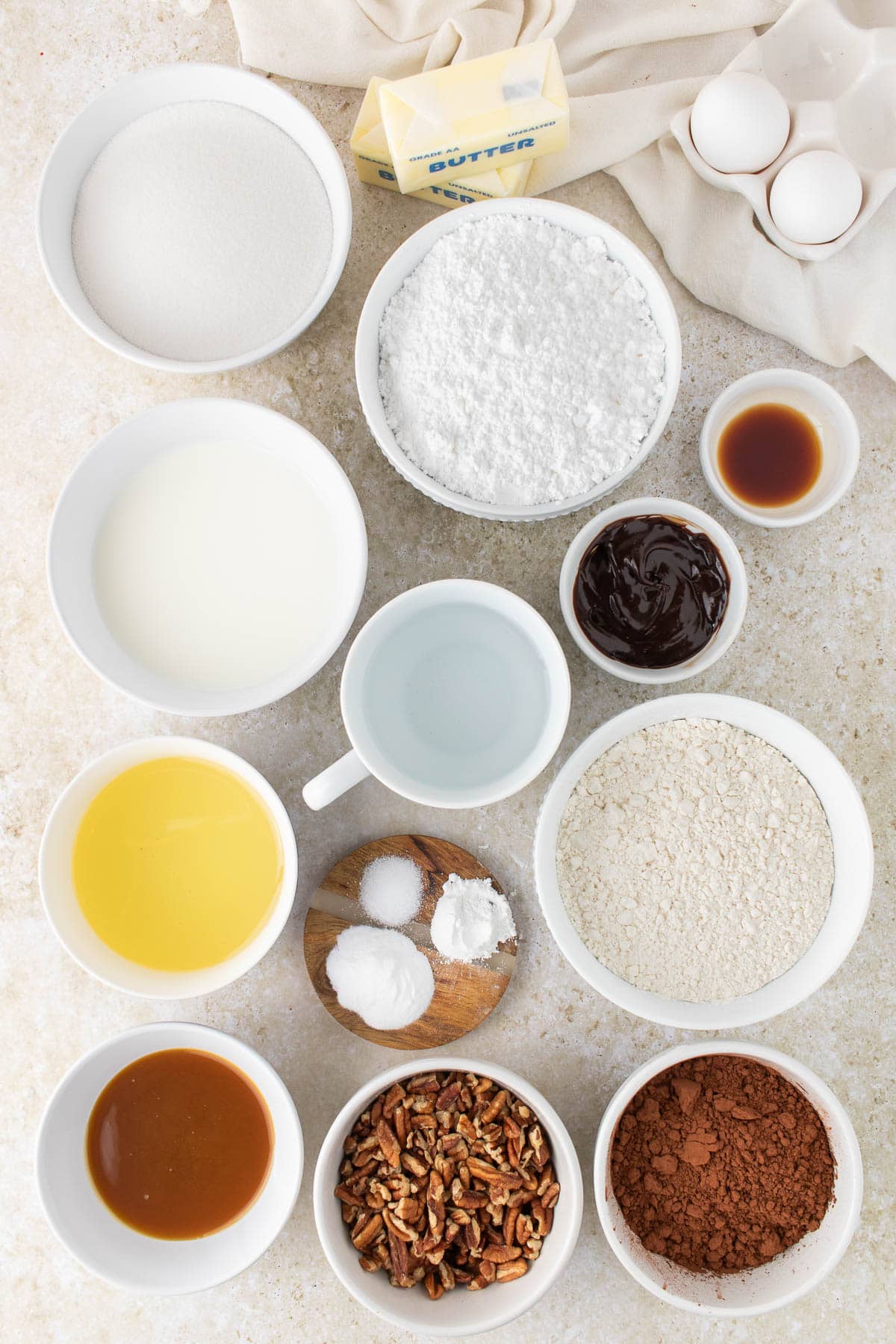 Ingredients for making a turtle bundt cake.