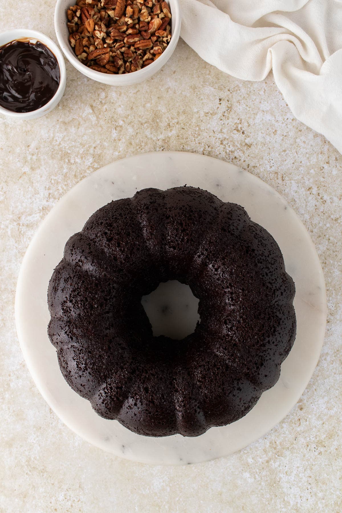 An overturned chocolate bundt cake.