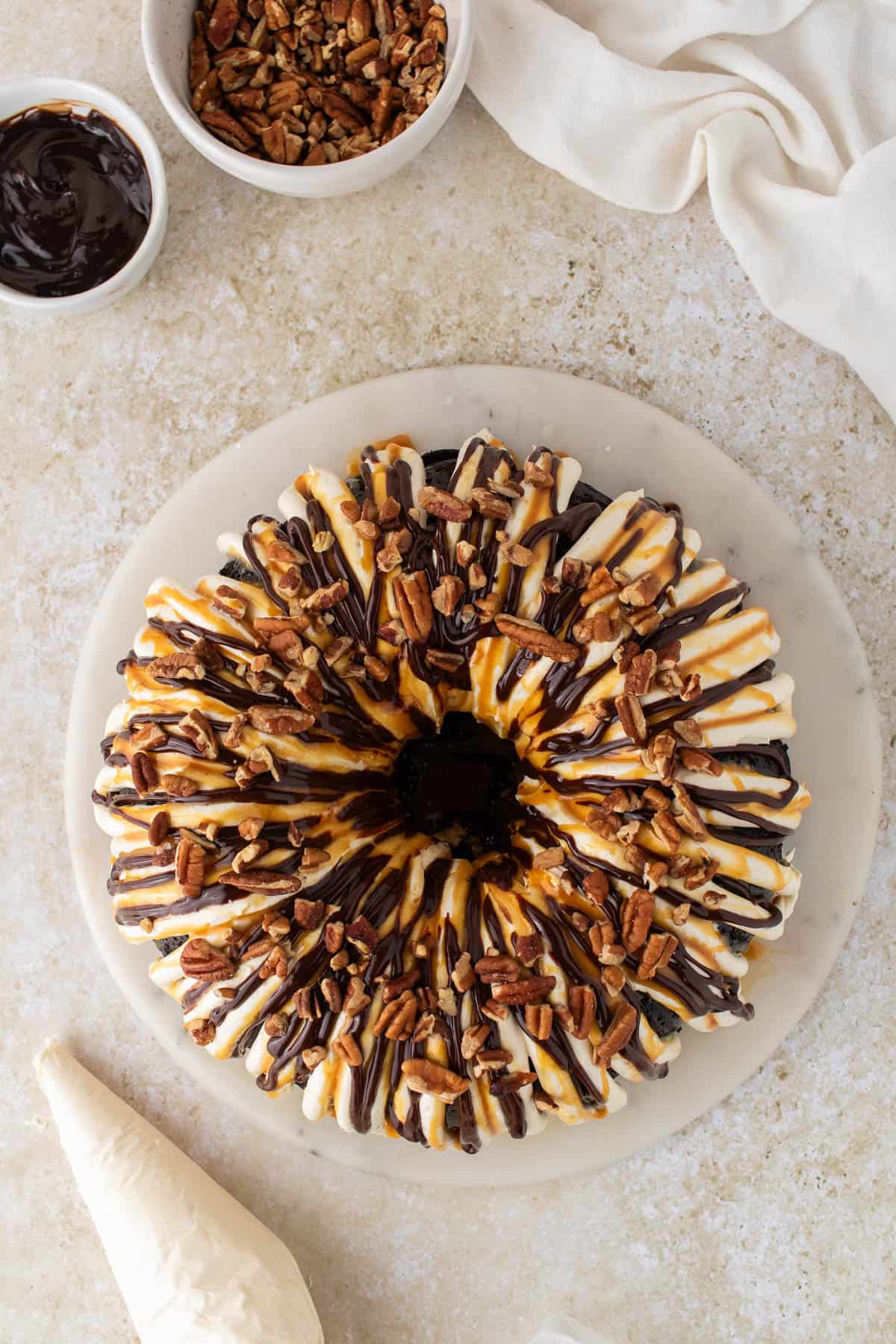 An overhead image of turtle bundt cake.