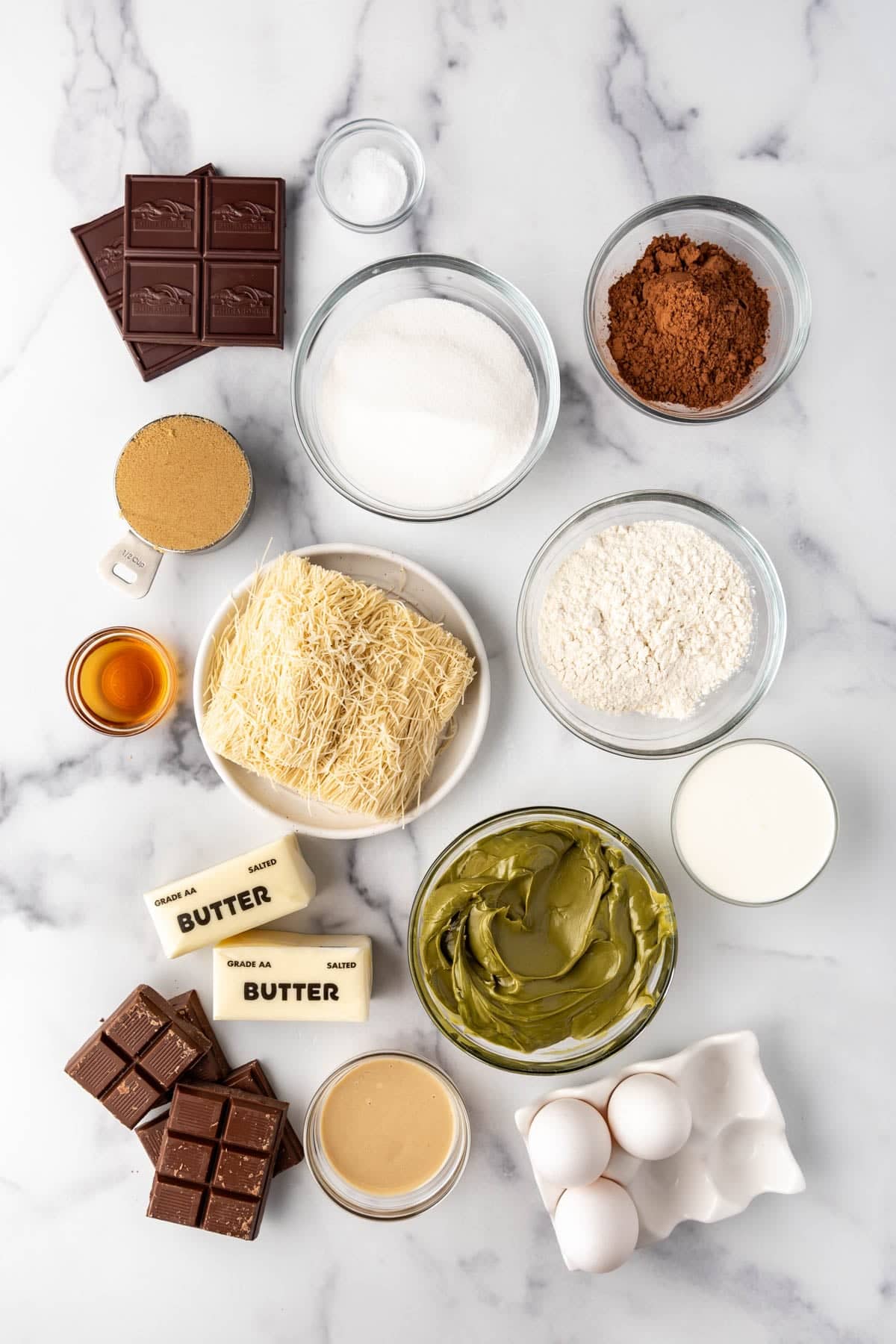 Ingredients for making homemade Dubai brownies.