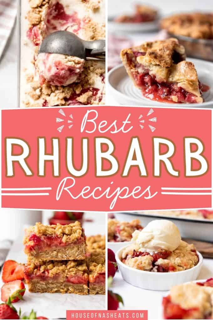 A collage of rhubarb dessert recipes with text overlay.