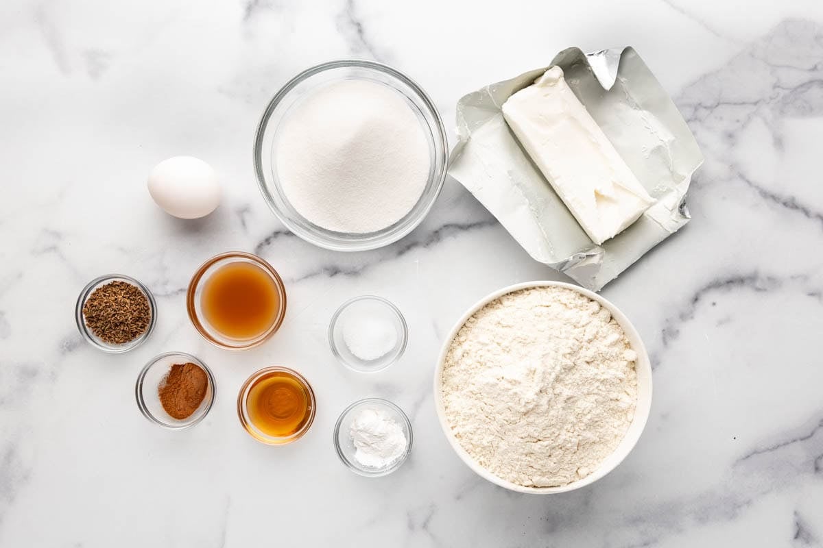 An overhead image of ingredients for making biscochitos.