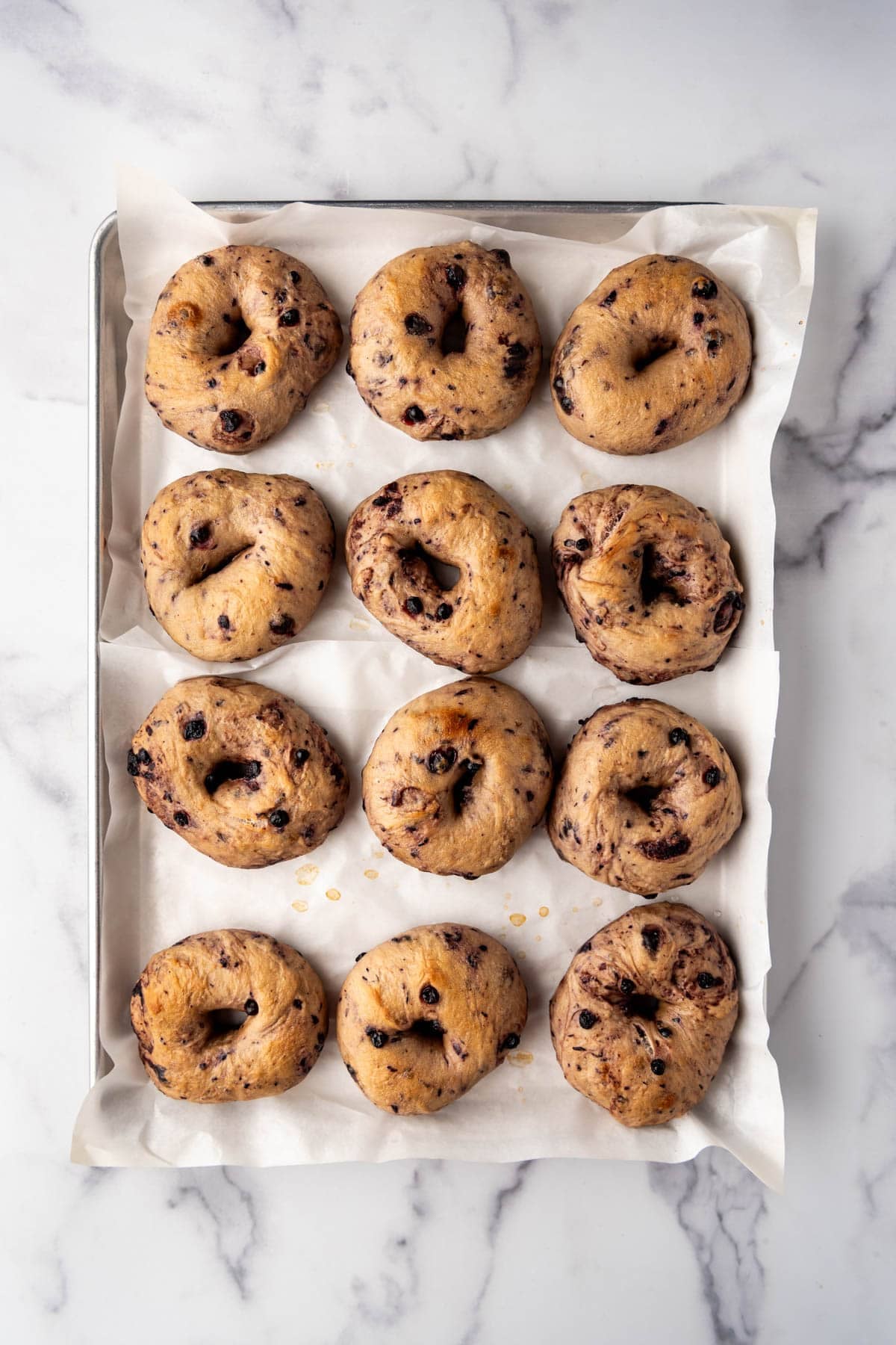 Baked homemade blueberry sourdough bagels on a baking sheet.