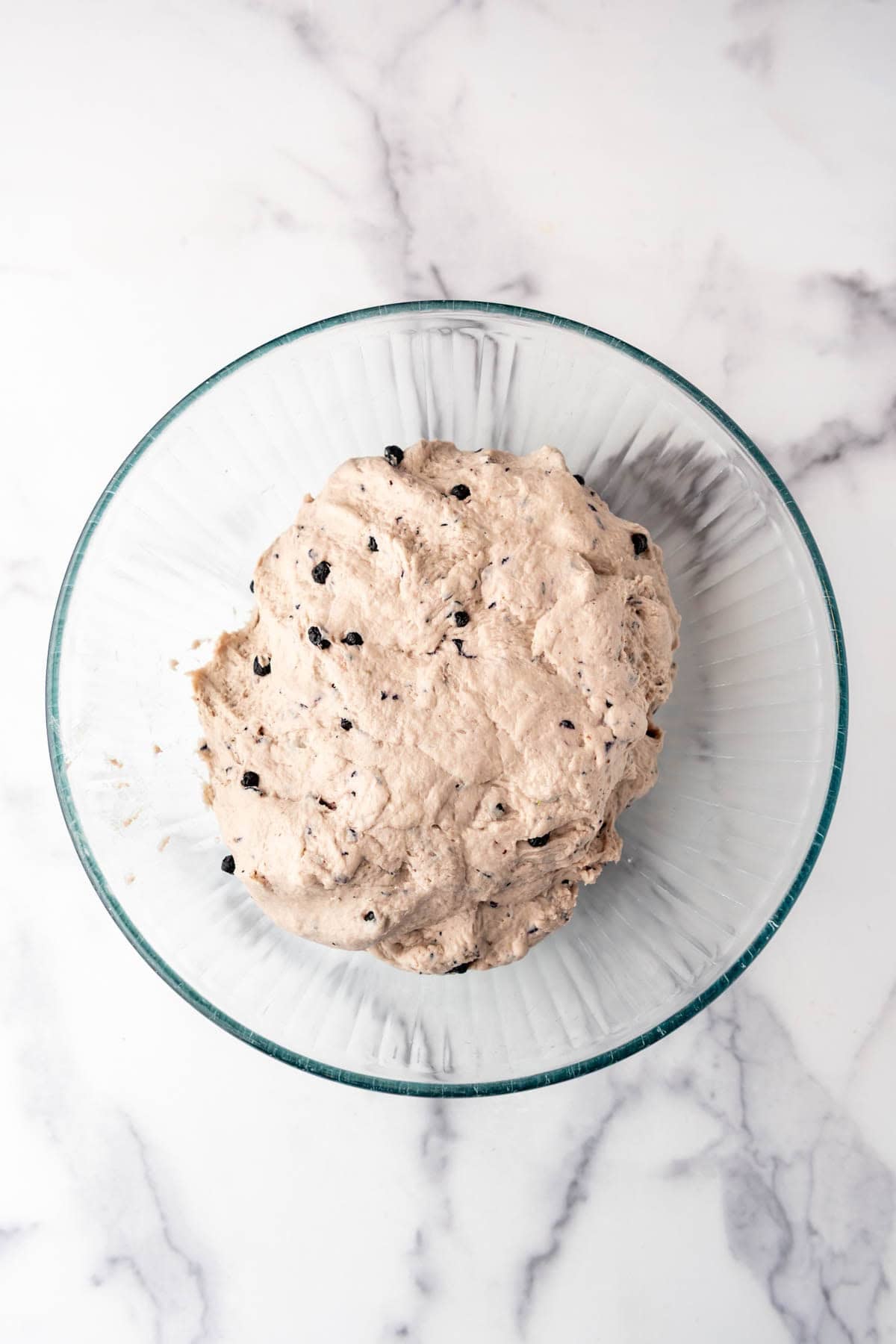 Blueberry sourdough bagel dough ready to proof in a bowl.