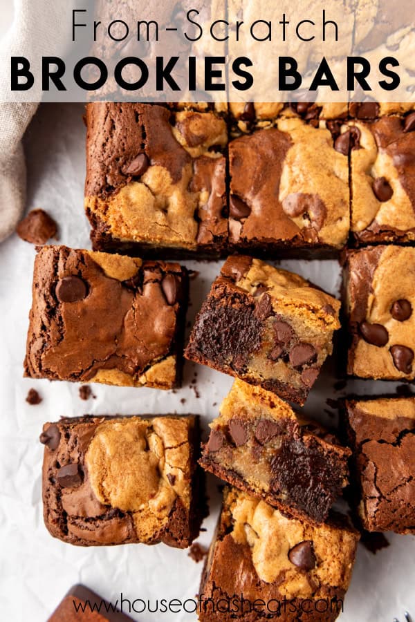 An overhead image of gooey brookies bars with text overlay.