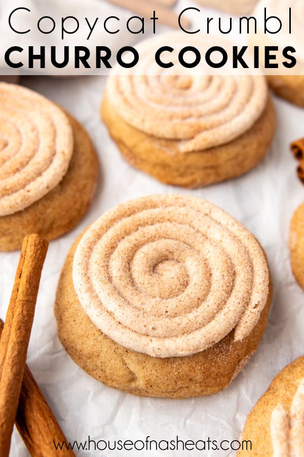 An image of copycat Crumbl churro cookies with text overlay.