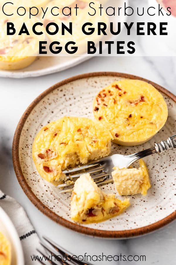 An image of copycat Starbucks egg bites on a plate with text overlay.