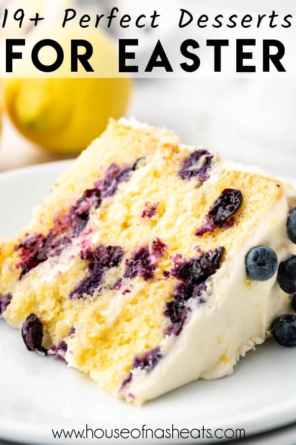 A slice of lemon blueberry cake with text overlay.