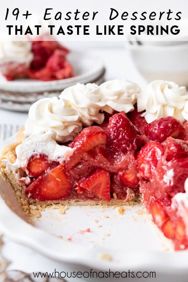 A fresh strawberry pie with text overlay.