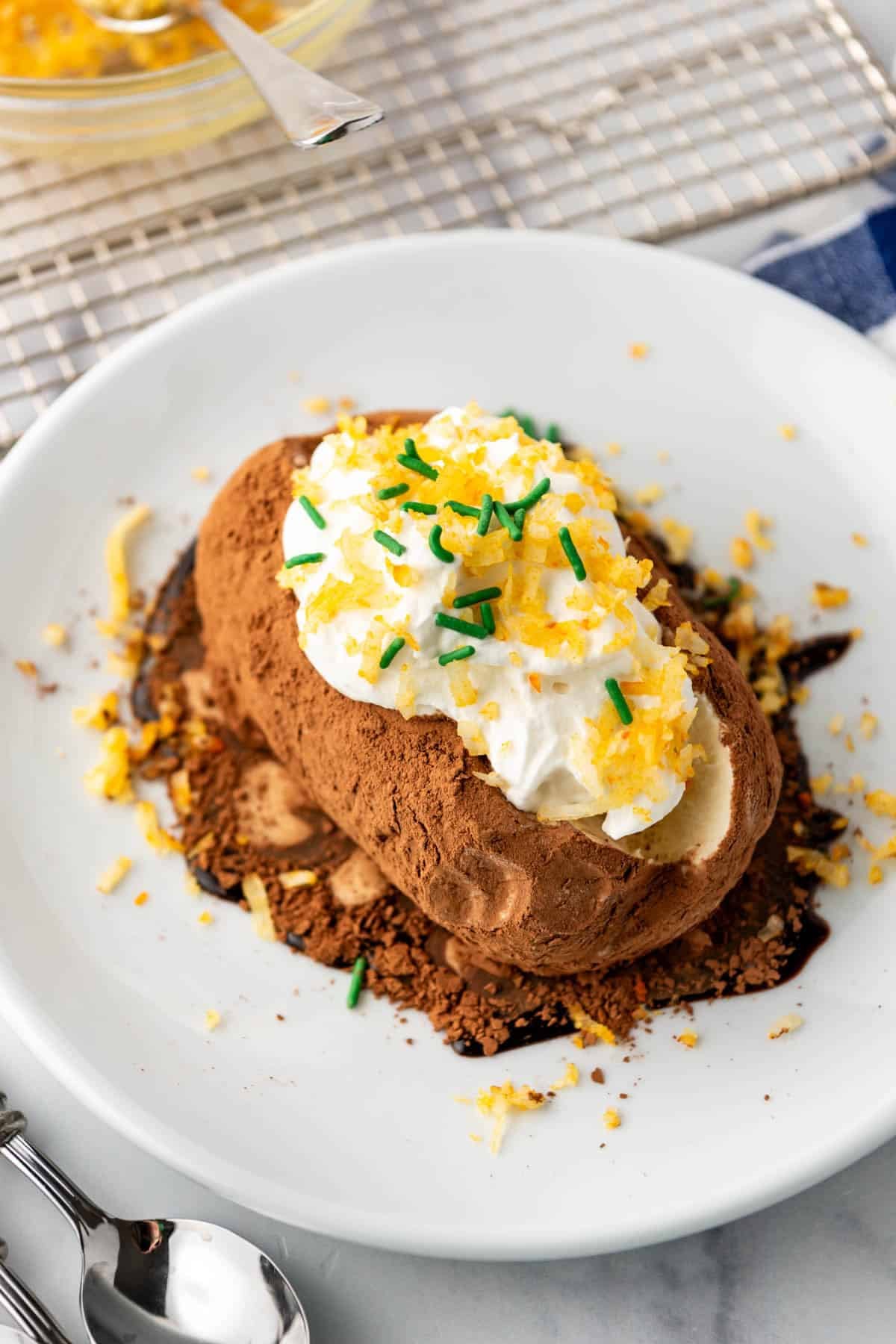 An overhead image of an ice cream "baked potato".
