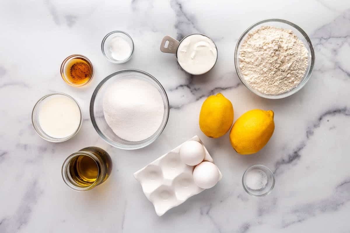 Ingredients for lemon olive oil cake.