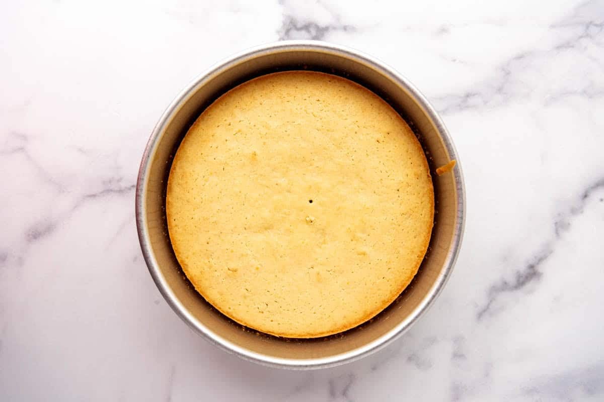 Baked lemon olive oil cake in a cake pan.