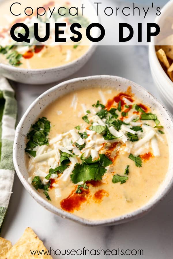 A bowl of queso dip with text overlay.