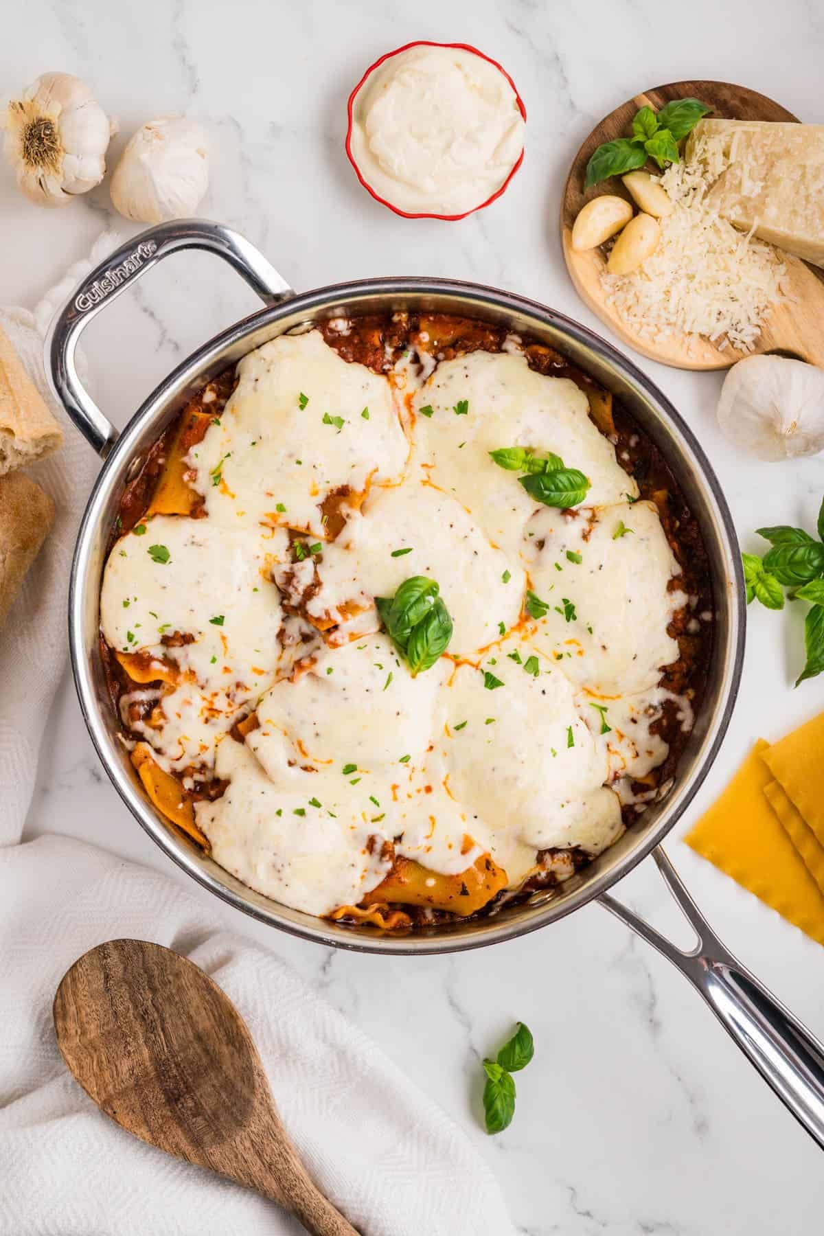 An overhead image of a finished skillet lasagna.