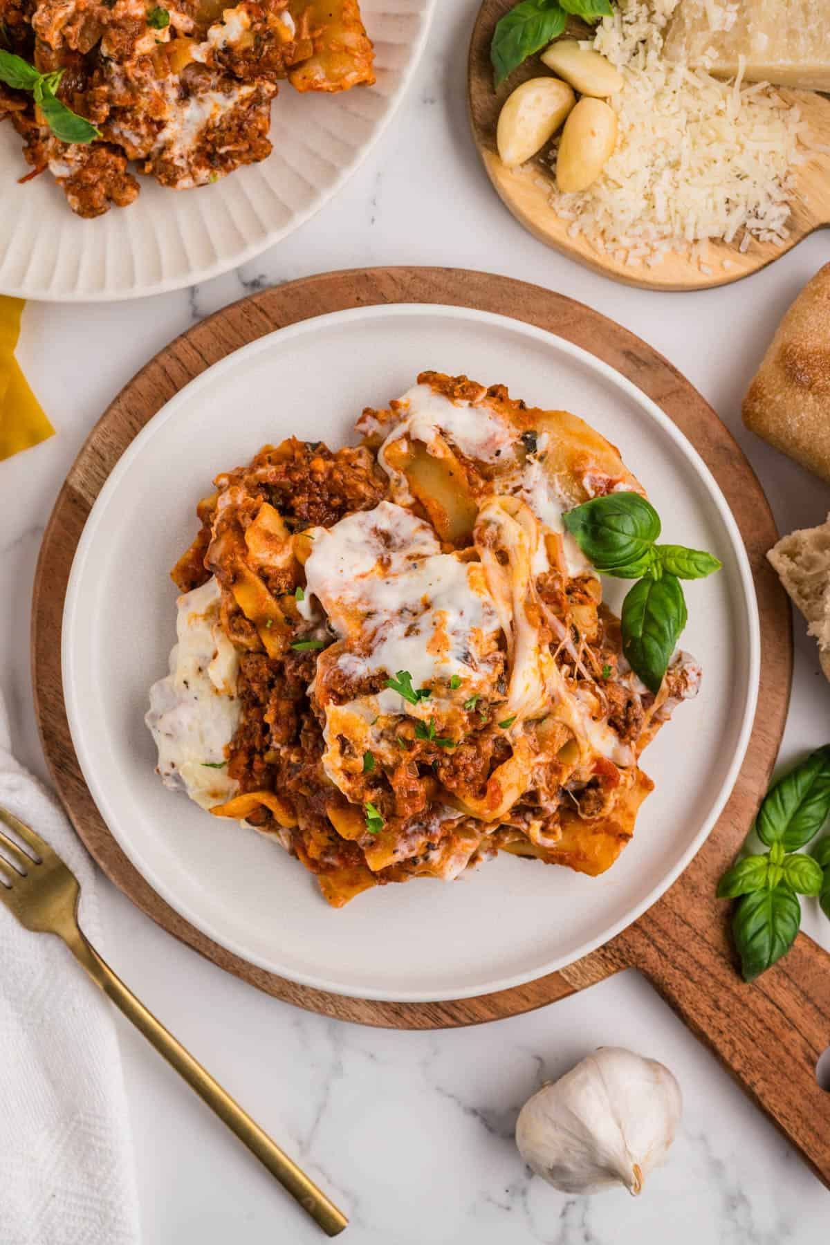 An overhead image of a serving of skillet lasagna.