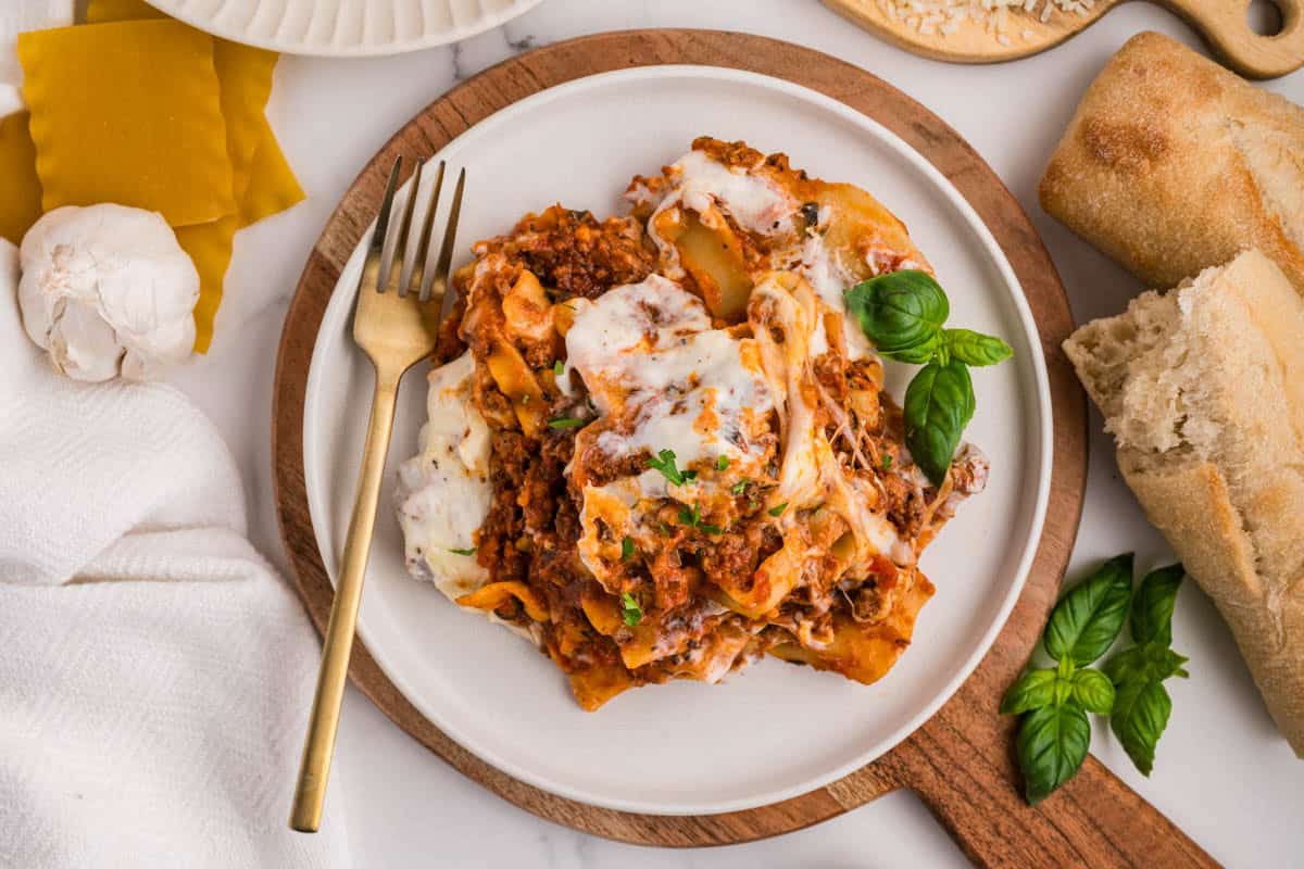 An overhead image of a plate of skillet lasagna.
