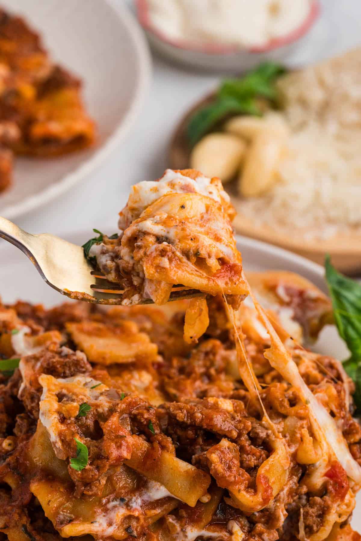 A forkful of skillet lasagna.