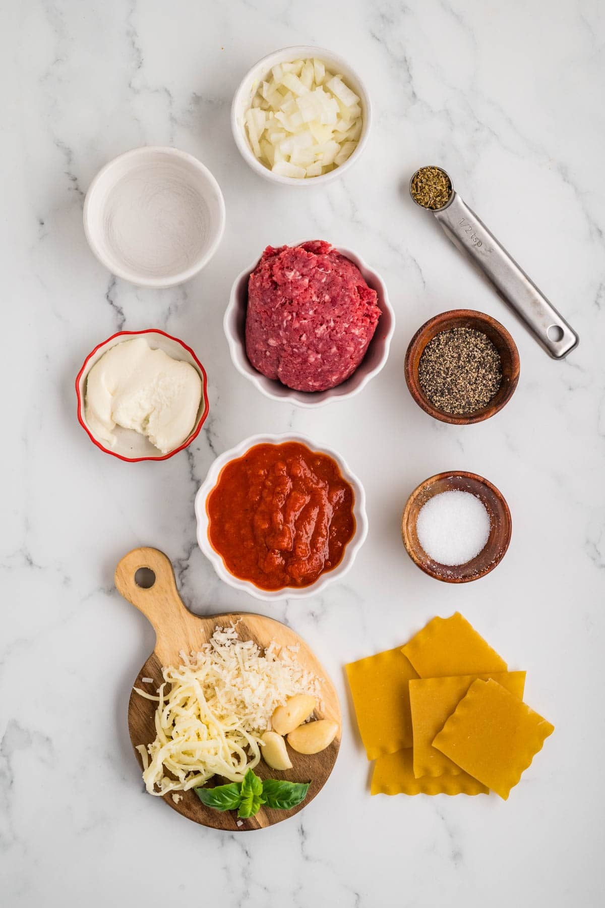 An overhead image of ingredients for making skillet lasagna.