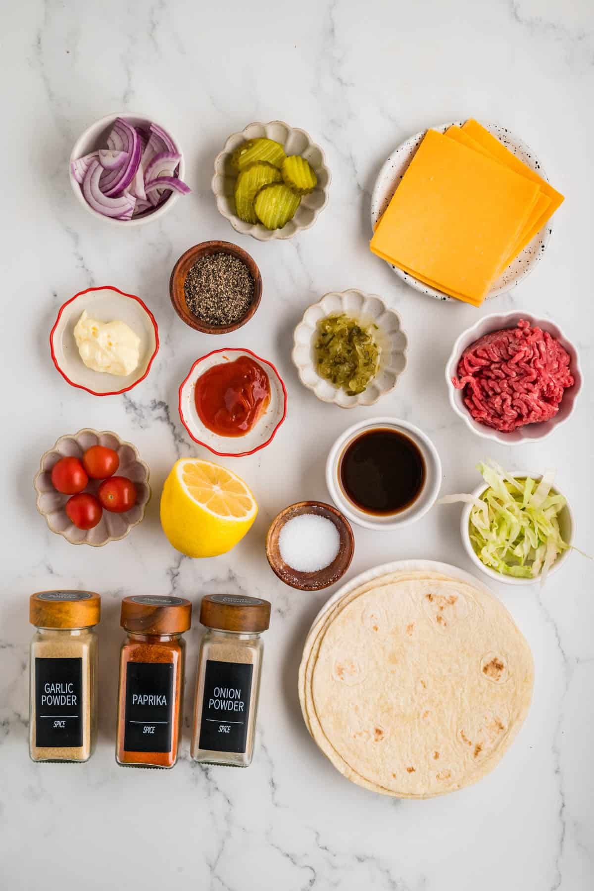 Ingredients for making smash burger tacos.