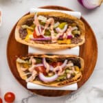 An overhead image of two smash burger tacos.