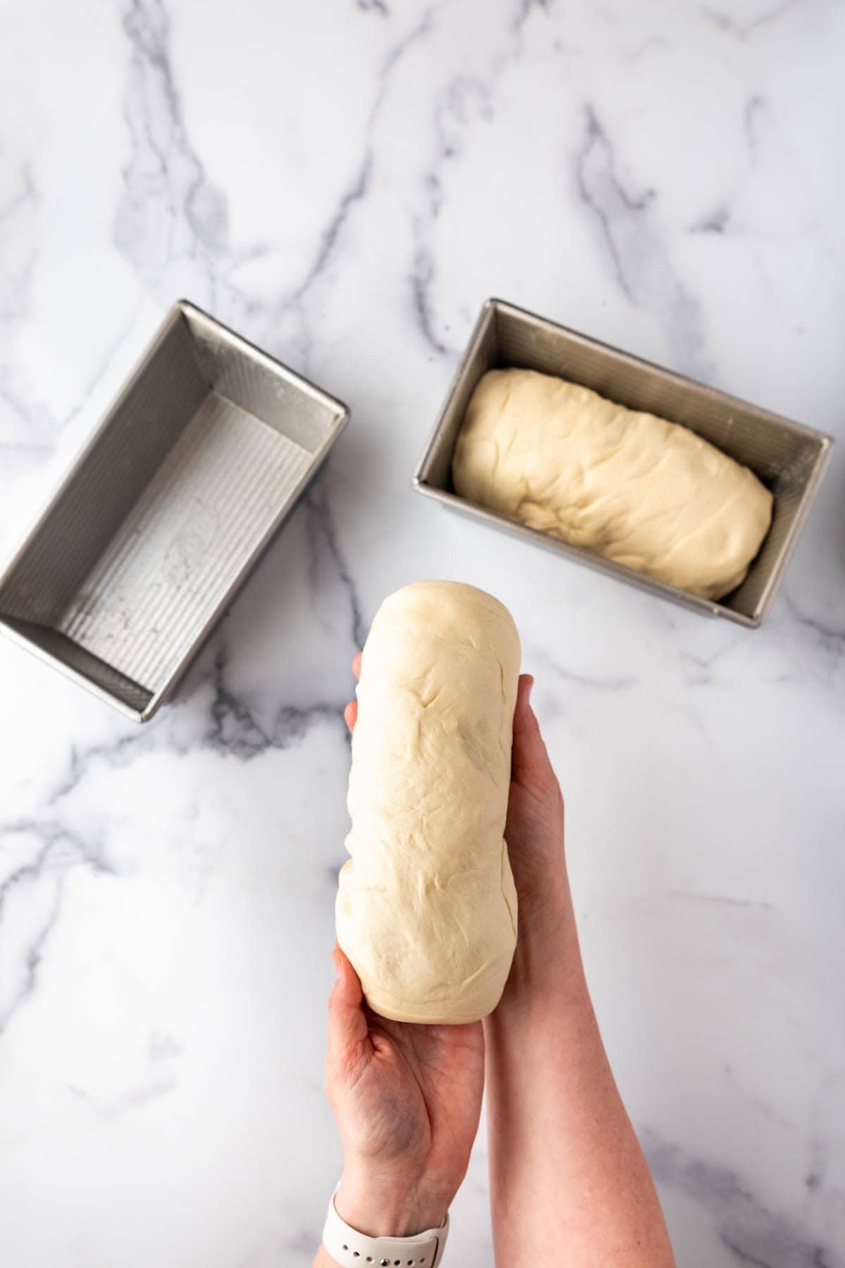 A shaped loaf of bread dough ready to go into the pan to proof.
