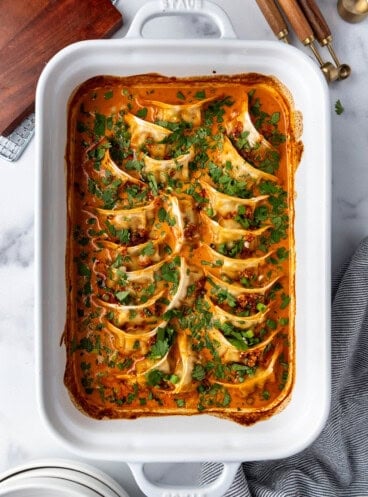 An overhead image of a white casserole dish of the viral TikTok baked dumplings in a red coconut curry sauce.