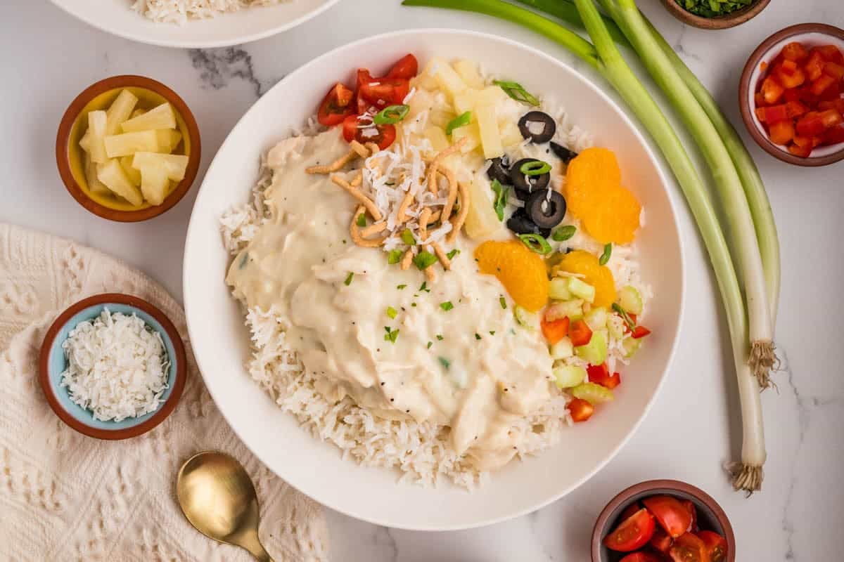 An overhead image of a bowl of rice with creamy chicken sauce and toppings.