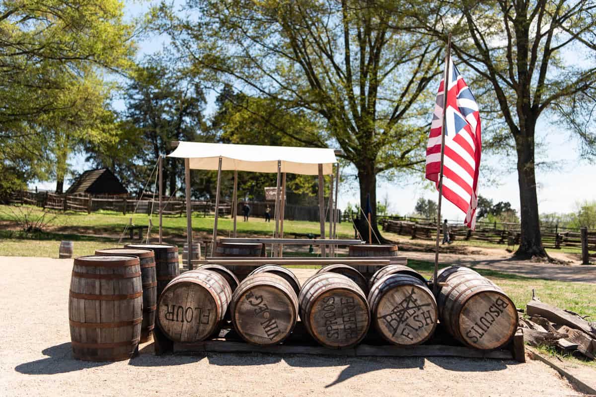An image of barrels of supplies replicating what soldiers would have needed during the Revolutionary War.