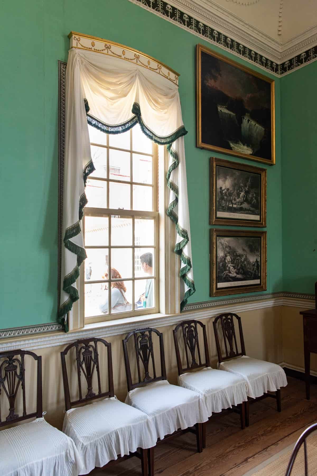 An green interior room at George Washington's home at Mount Vernon.