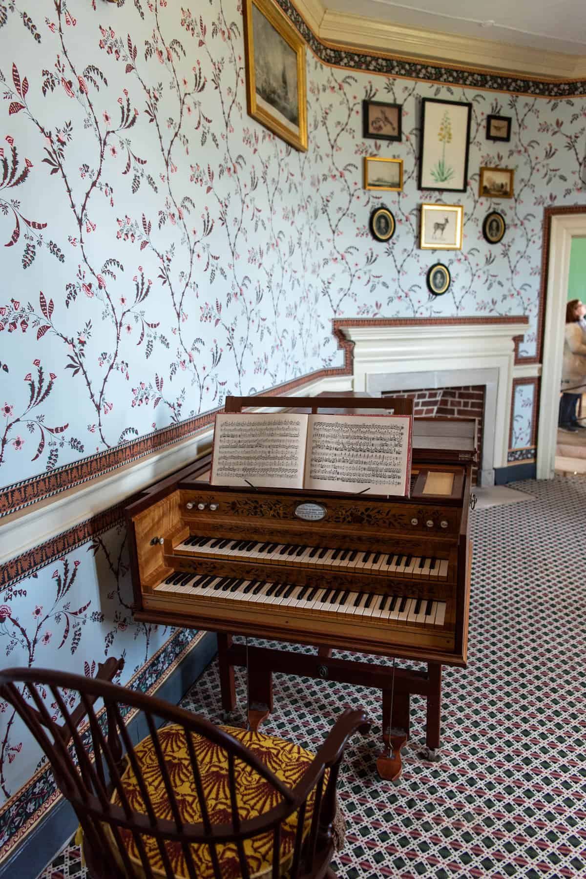A harpsichord in a room at George Washington's home at Mount Vernon.