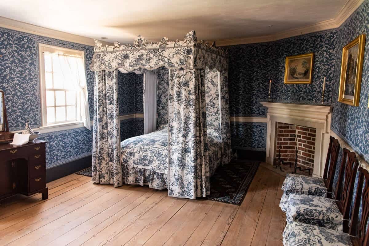 A blue bedroom at George Washington's home at Mount Vernon.