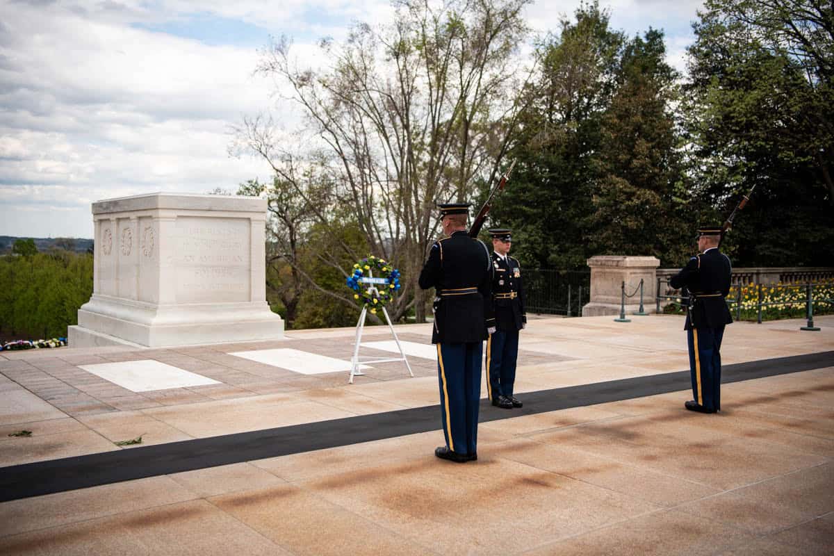 The changing of the guard at the tomb of the unknown soldier at Arlington National Cemetery.