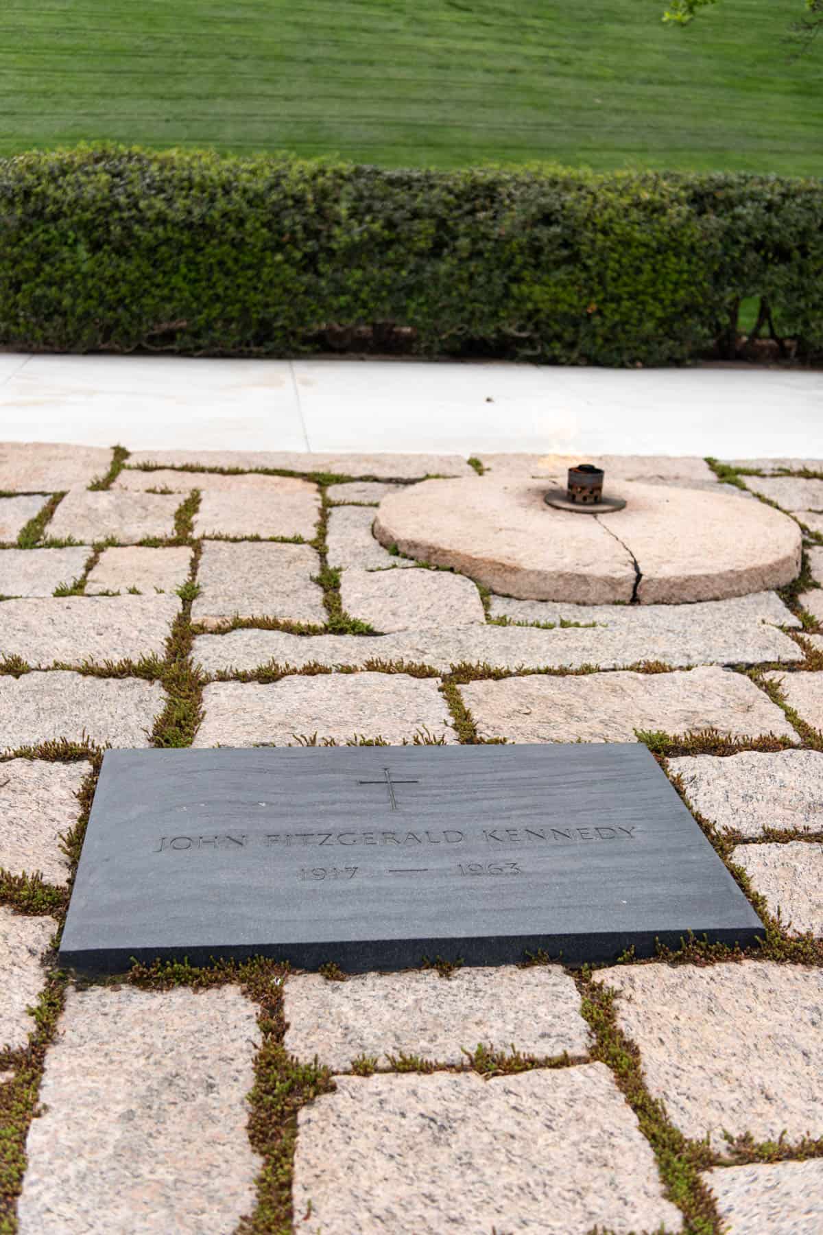 The eternal flame at John F. Kennedy's memorial marker.