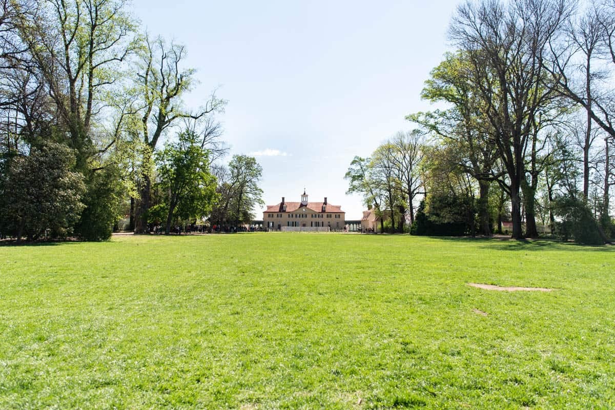 An image looking at Mount Vernon from across the bowling lawn in front of the house.