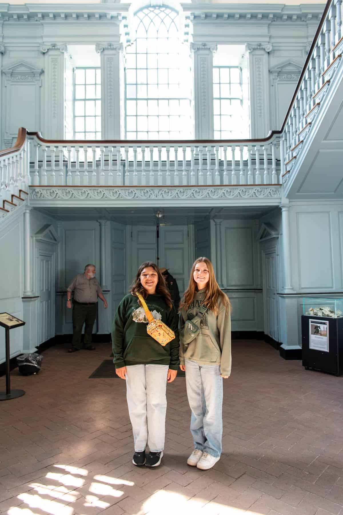 Two girls inside Independence Hall in Philadelphia.
