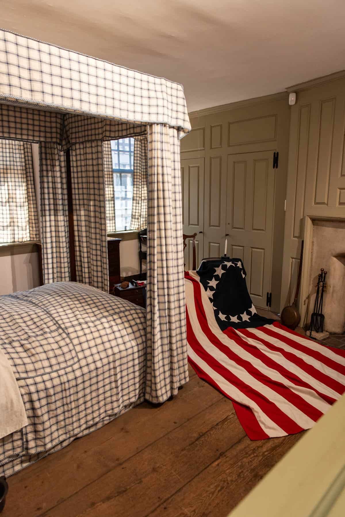 An image of the original flag created by Betsy Ross in the Betsy Ross House in Philadelphia.